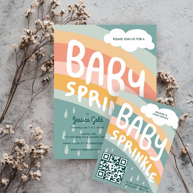 Tarjeta De Recepción BABY SPRINKLE Nubes Rainbow Cute Personalizado QR  (BABY SPRINKLE Clouds Rainbow Cute Custom QR CODE Enclosure Card
)