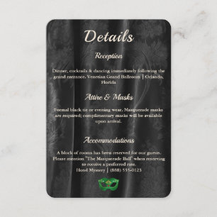 Tarjeta De Recepción Baile de Máscaras de Damasco Negro Verde Esmeralda