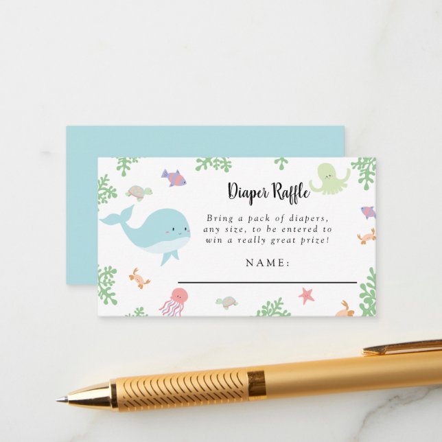 Tarjeta De Recepción Bajo el mar Baby Shower Cute Diaper Raffle (Anverso/Reverso In Situ)