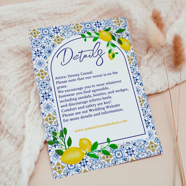 Tarjeta De Recepción Baldosas azules italianas acuarela limón boda deta (Italian blue tiles watercolor lemon wedding detail enclosure card)