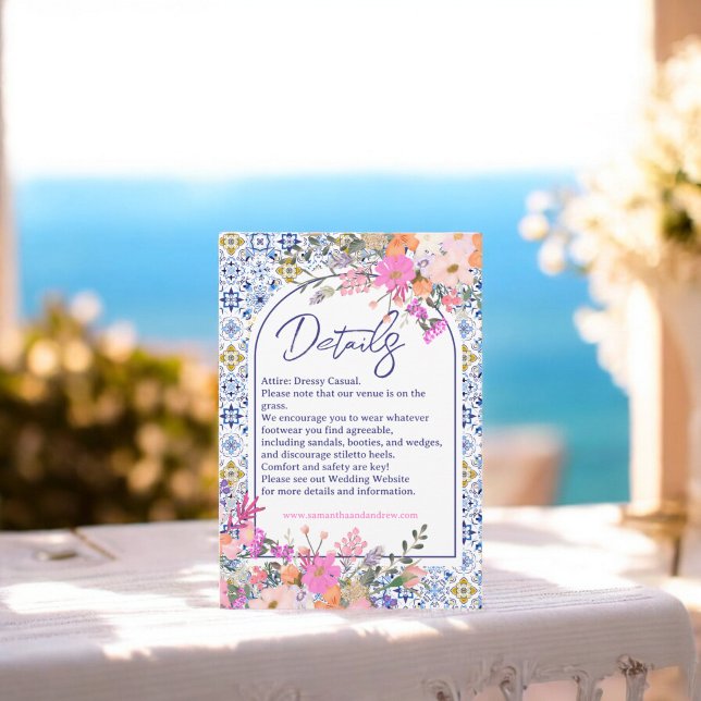 Tarjeta De Recepción Baldosas azules italianas flores silvestres detall (Italian blue tiles wildflowers wedding details enclosure card)