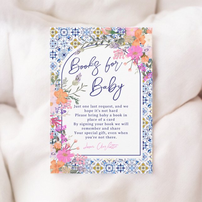 Tarjeta De Recepción Baldosas azules italianas libros de flores para la (Italian blue tiles floral books for baby shower enclosure card)