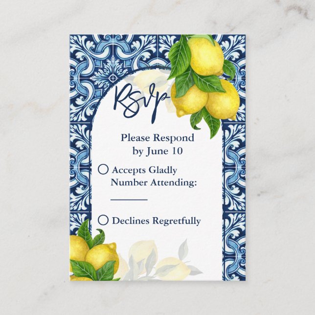 Tarjeta De Recepción Baldosas azules y limón Amalfi Positano boda RSVP (Anverso)