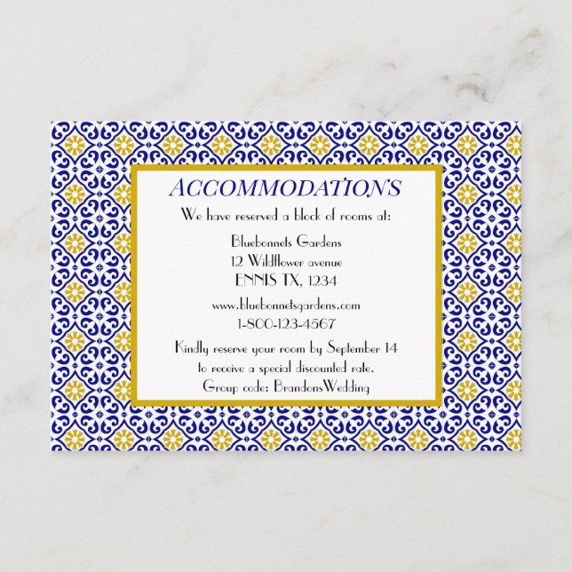 Tarjeta De Recepción Baldosas portuguesas Boda azul Alojamiento (Anverso)