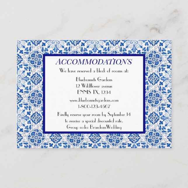 Tarjeta De Recepción Baldosas portuguesas Boda azul Alojamiento (Anverso)