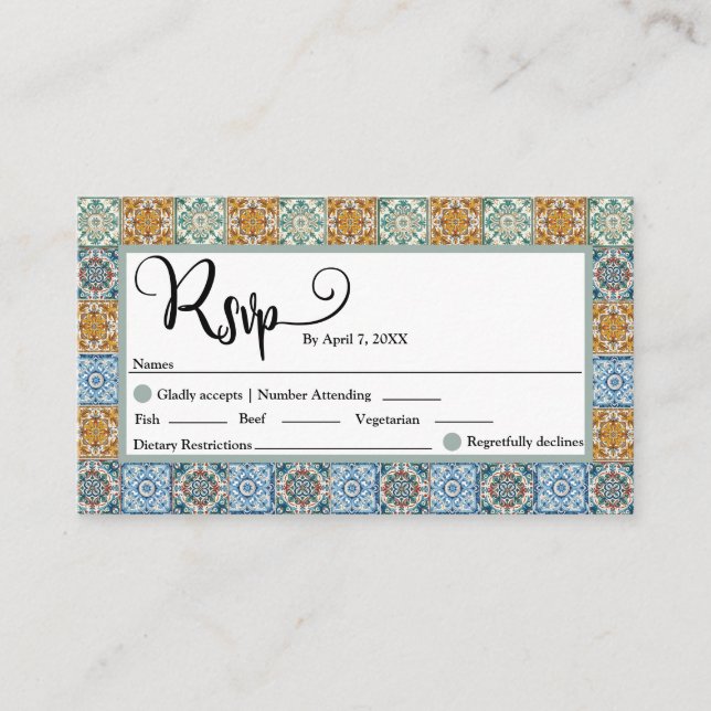 Tarjeta De Recepción Baldosas románticas italianas de destino Boda Rsvp (Anverso)