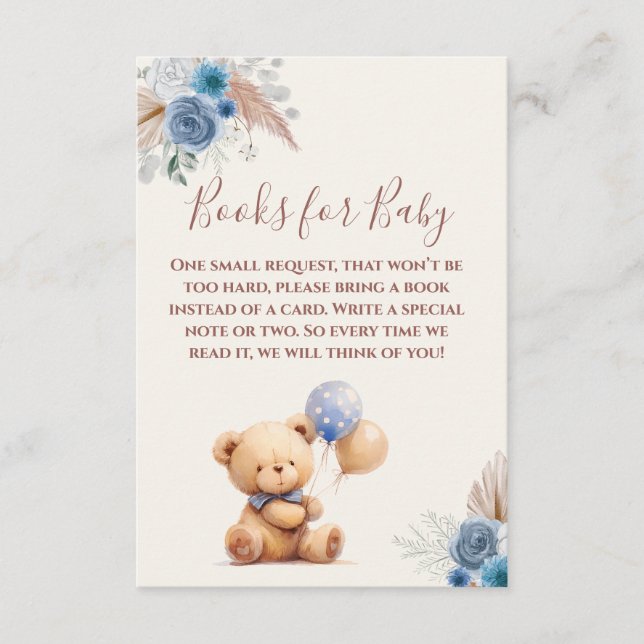Tarjeta De Recepción Balones de oso de peluche Boho Libros Azules para  (Anverso)