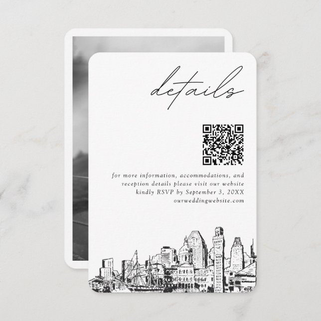 Tarjeta De Recepción Baltimore Boda Detalles modernos Código QR Pequeño (Anverso / Reverso)