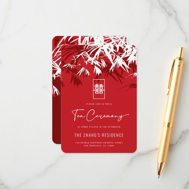 Tarjeta De Recepción Bambú rojo/blanco deja ceremonia de té china (Anverso/Reverso In Situ)