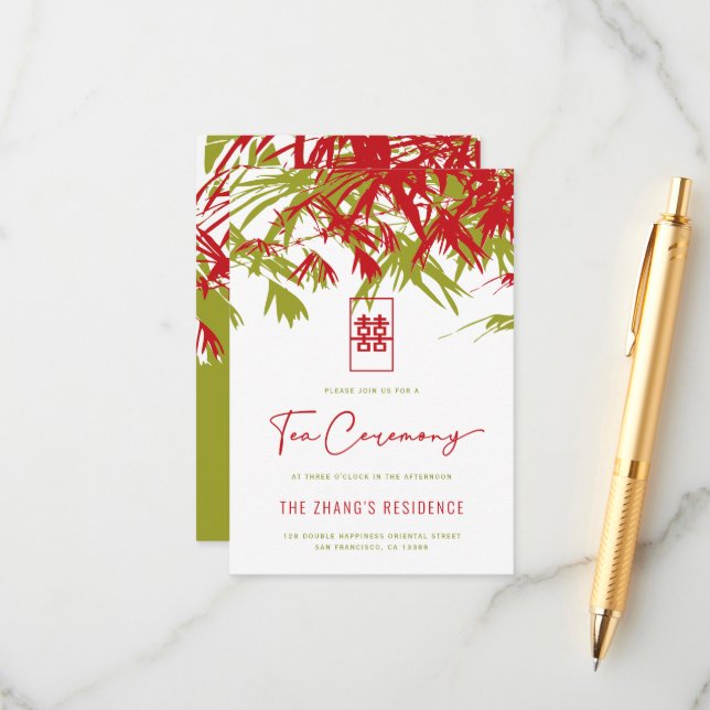 Tarjeta De Recepción Bambú rojo/verde deja ceremonia de té china (Anverso/Reverso In Situ)