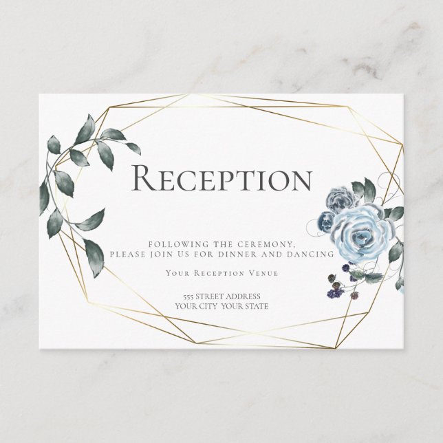 Tarjeta De Recepción Banquete nupcial | Acuarela Dusty Floral Azul (Anverso)