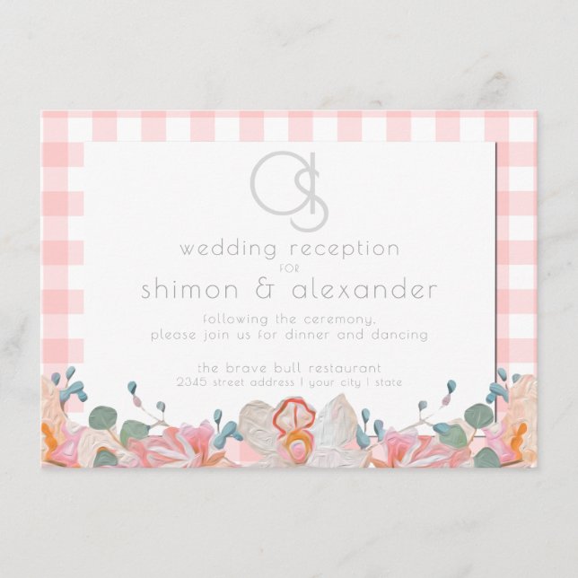 Tarjeta De Recepción Banquete nupcial | Monograma Coral Gingham (Anverso)
