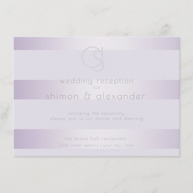Tarjeta De Recepción Banquete nupcial | Rayas de brillo Lilac Monograma (Anverso)