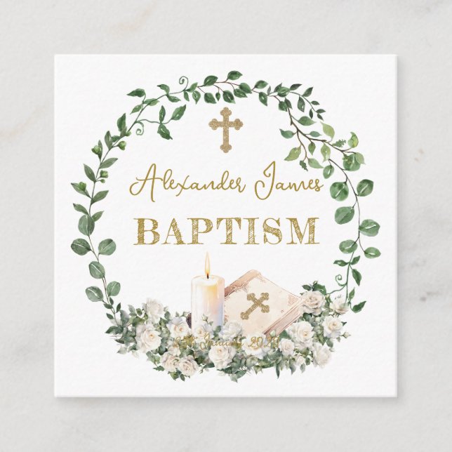 Tarjeta De Recepción Baptism Eucalyptus Roses Cross  (Anverso)