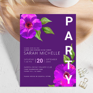 Tarjeta De Recepción Bar Mitzvah de Murciélago Púrpura Floral Acuarela
