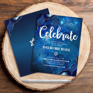 Tarjeta De Recepción Bar Mitzvah Moderno Aguamarina Agata Acuarela Scri