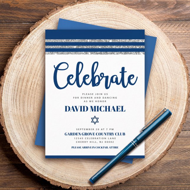 Tarjeta De Recepción Bar Mitzvah Navy Blue Script Simple Moderno Tallit (Subido por el creador)
