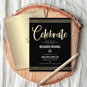 Tarjeta De Recepción Bar Mitzvah Negro Tallit Moderno con Hoja de Oro S