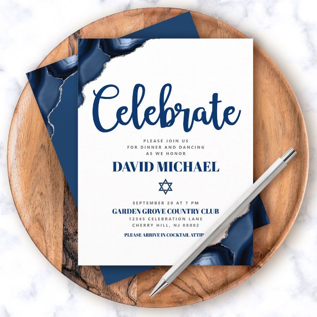 Tarjeta De Recepción Bar Mitzvah Simple Navy Blue Agate Guión moderno (Subido por el creador)