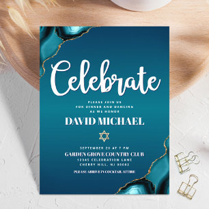 Tarjeta De Recepción Bar Mitzvah Turquesa Ombre Ágata Escritura Moderna