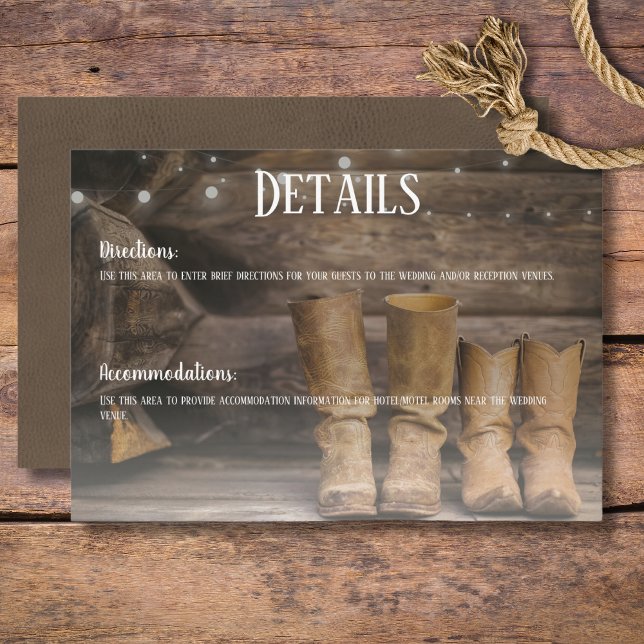 Tarjeta De Recepción Barn & Boots Detalles del Boda occidental de vaque (Rustic Boots for Two Cowboy Wedding Details Enclosure Card)