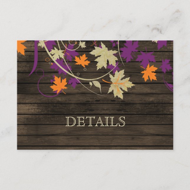 Tarjeta De Recepción Barnwood Rústica plum hojas detalles bodas (Anverso)