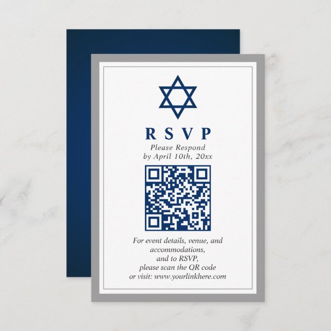 Tarjeta De Recepción Barra azul gris y marina Mitzvah QR Código RSVP (Anverso / Reverso)