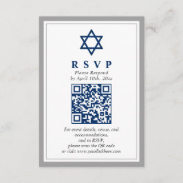 Tarjeta De Recepción Barra azul gris y marina Mitzvah QR Código RSVP
