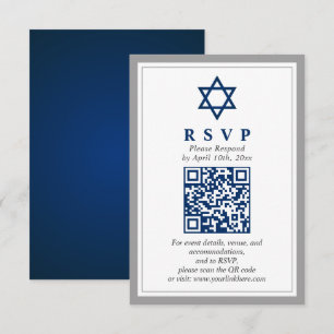 Tarjeta De Recepción Barra azul gris y marina Mitzvah QR Código RSVP