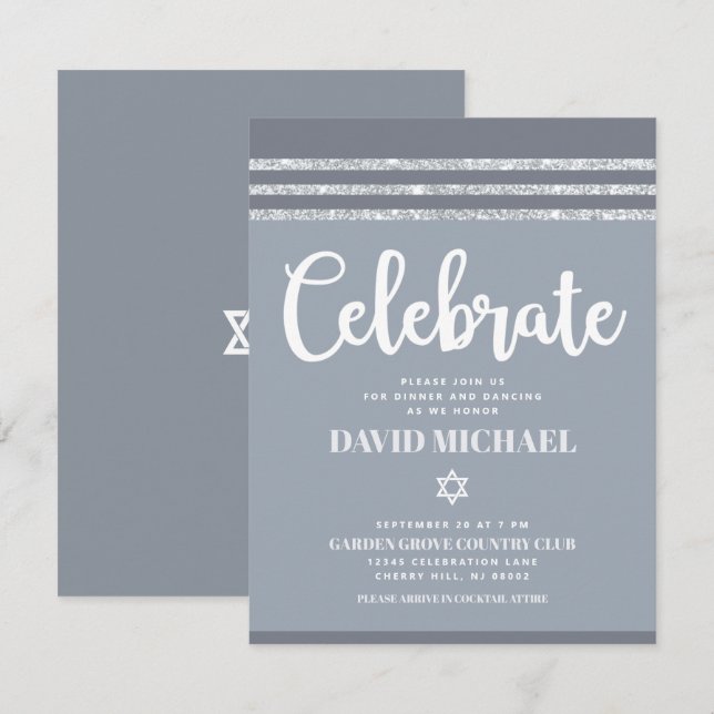 Tarjeta De Recepción Barra gris Mitzvah Plata Tallo negrita Moderno Sim (Anverso / Reverso)