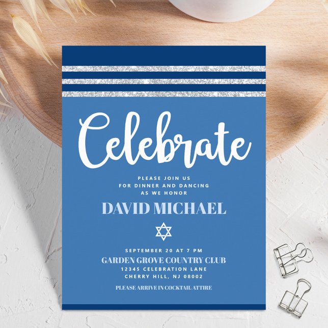 Tarjeta De Recepción Barra Mitzvah Blue Silver Tallit negrita guión mod (Subido por el creador)