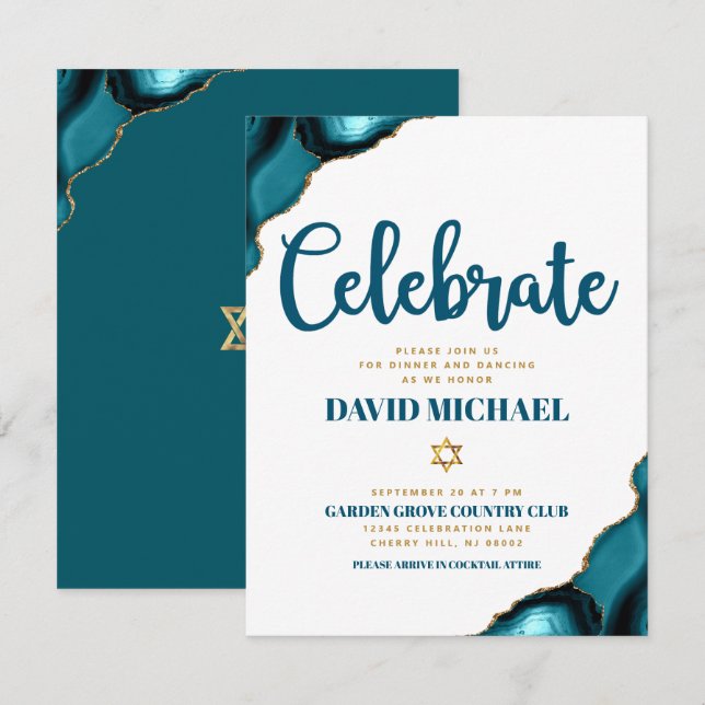 Tarjeta De Recepción Barra Mitzvah Sencillo guión moderno de Agate Turq (Anverso / Reverso)