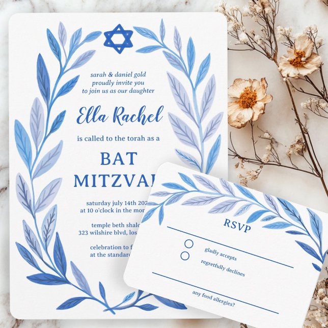 Tarjeta De Recepción Barra PERSONALIZADO de acuarela botánica Bat Mitzv (Botanical Watercolor CUSTOM Bar Bat Mitzvah RSVP Enclosure Card
)