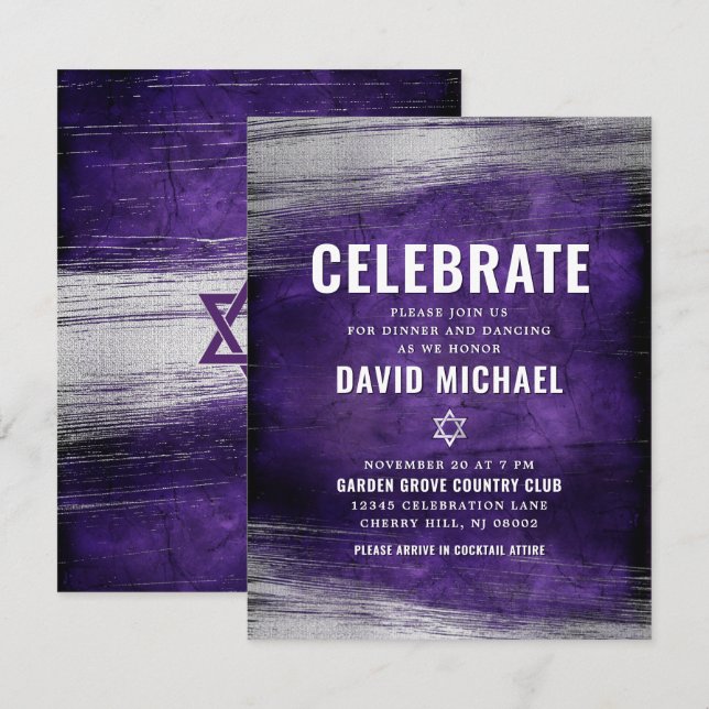 Tarjeta De Recepción Barra púrpura Mitzvah Relieve metalizado plateado  (Anverso / Reverso)