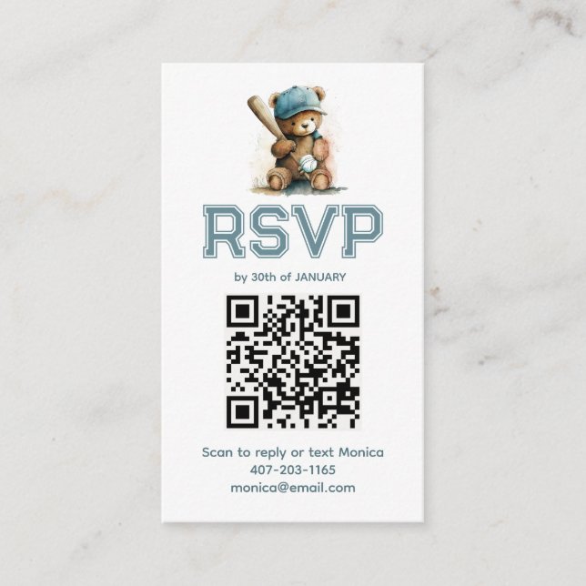Tarjeta De Recepción Baseball Teddy Bear Baby Shower QR Code RSVP  (Anverso)