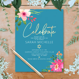 Tarjeta De Recepción Bat Mitzvah Azul Acuarela Floral Guión Dorado