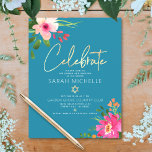 Tarjeta De Recepción Bat Mitzvah Blue Watercolor Floral Gold Script<br><div class="desc">¡Estén orgullosos, regocijaos y exhiban este hito de su Bat Mitzvah favorito! Incluya este moderno y brillante inserto personalizado para obtener información adicional sobre su evento. Una acuarela floral impresionante, rosa y melocotón, con una tipografía de Relieve metalizado dorado falso y un tipo serif moderno de sans blancos superponen un...</div>