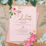 Tarjeta De Recepción Bat Mitzvah color de agua rosa Floral escritura mo<br><div class="desc">¡Estén orgullosos, regocijaos y exhiban este hito de su Bat Mitzvah favorito! Incluya este moderno y brillante inserto personalizado para obtener información adicional sobre su evento. Una acuarela floral impresionante, rosa y melocotón, con una tipografía de Relieve metalizado dorado falso y un tipo serif moderno de rosa polvoriento y sans...</div>