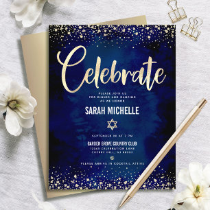 Tarjeta De Recepción Bat Mitzvah Marina Hoja de Oro Purpurina Script Mo