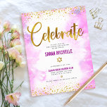 Tarjeta De Recepción Bat Mitzvah moderna giratoria Relieve metalizado d<br><div class="desc">¡Estén orgullosos, regocijaos y exhiban este hito de su Bat Mitzvah favorito! Incluya este impresionante, moderno y brillante Relieve metalizado de imitación dorada y puntos purpurinas y escritura tipográfica contra un fondo de color de agua rosa suave, inserto personalizado para información adicional a su evento. Personalice el texto del personalizado...</div>