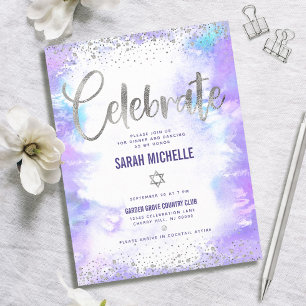 Tarjeta De Recepción Bat Mitzvah moderno foil plateado púrpura acuarela