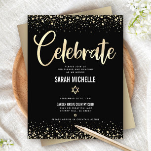 Tarjeta De Recepción Bat Mitzvah Moderno Script Brillante con Hojas de