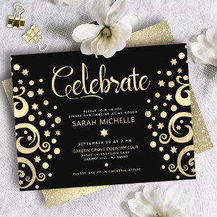 Tarjeta De Recepción Bat Mitzvah Negro Oro Hoja Árbol de la Vida Escrit