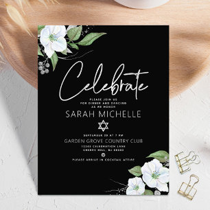 Tarjeta De Recepción Bat Mitzvah Negro Plateado Escritura Acuarela Flor