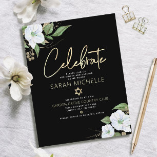 Tarjeta De Recepción Bat Mitzvah Oro Negro Escritura Acuarela Floral