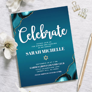 Tarjeta De Recepción Bat Mitzvah Oro Turquesa Ombre Ágata Escritura Neg