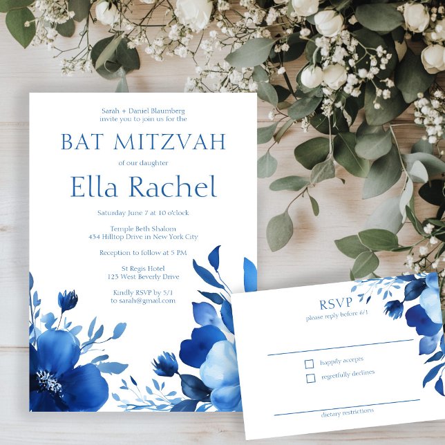 TARJETA DE RECEPCIÓN BAT MITZVAH PERSONALIZADO RSVP (Blue Blooms Watercolor BAT MITZVAH CUSTOM RSVP Enclosure Card
)