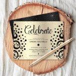 Tarjeta De Recepción Bat Mitzvah Relieve metalizado dorado Black Tree o<br><div class="desc">¡Estén orgullosos, regocijaos y exhiban este hito de su Bat Mitzvah favorito! Esta impresionante, sofisticada y personalizada tarjeta de información fiesta es el lugar perfecto para esta ocasión especial. Árboles negros gráficos con Star of David y "hojas" de punto y escritura de caligrafía negra, superponen puntos brillantes, falsos purpurinas de...</div>