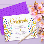 Tarjeta De Recepción Bat Mitzvah Relieve metalizado dorado púrpura árbo<br><div class="desc">¡Estén orgullosos, regocijaos y exhiban este hito de su Bat Mitzvah favorito! Este abstracto y gráfico árbol de Relieve metalizado dorado falso con una estrella de David brillante, turquesa, verde azulada, morada y azul y "hojas" de punto sobre un fondo blanco, es el perfecto inserto personalizado de información fiesta para...</div>