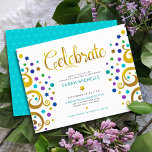 Tarjeta De Recepción Bat Mitzvah Relieve metalizado dorado Turquesa Árb<br><div class="desc">¡Estén orgullosos, regocijaos y exhiban este hito de su Bat Mitzvah favorito! Este abstracto y gráfico árbol de Relieve metalizado dorado falso con una estrella de David brillante, turquesa, verde azulada, morada y azul y "hojas" de punto sobre un fondo blanco, es el perfecto inserto personalizado de información fiesta para...</div>